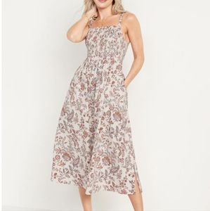 Fit & Flare Sleeveless Cotton-Poplin Smocked-Bodice Midi Dress